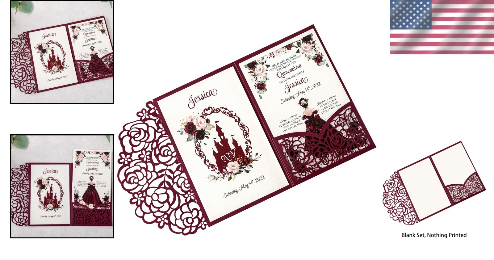 Burgundy Quinceanera Invite Kit – 4.7 x 7 inch, 50 Count