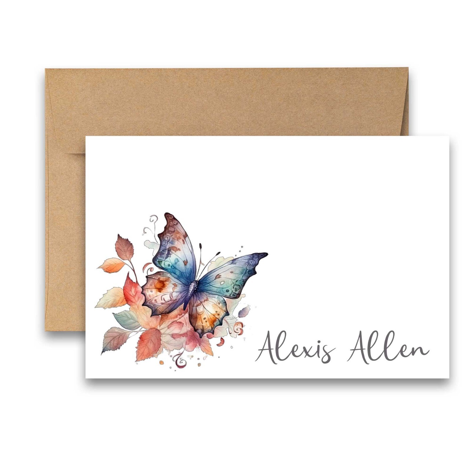 PERSONALIZED – 12 Flat Note card, Floral Stationery with Envelopes – Butterfly