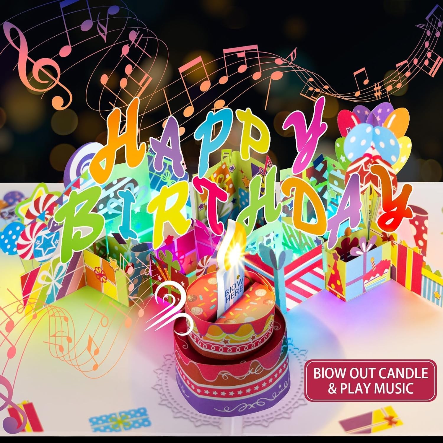 Luxury 3D Birthday Card, Blowable LED Candle, Music, 1-100 Age, Multicolor