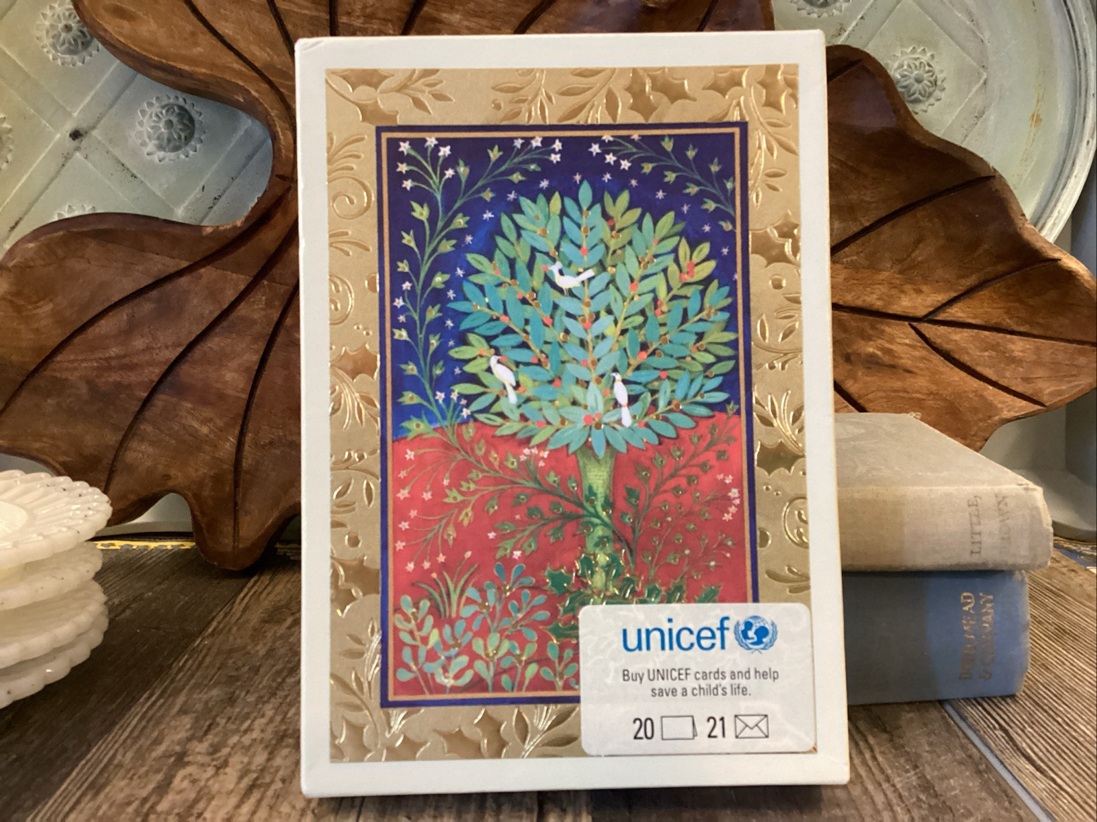 Hallmark Unicef Christmas Box Cards 20 Box Birds In Tree Gold Green Red Metallic