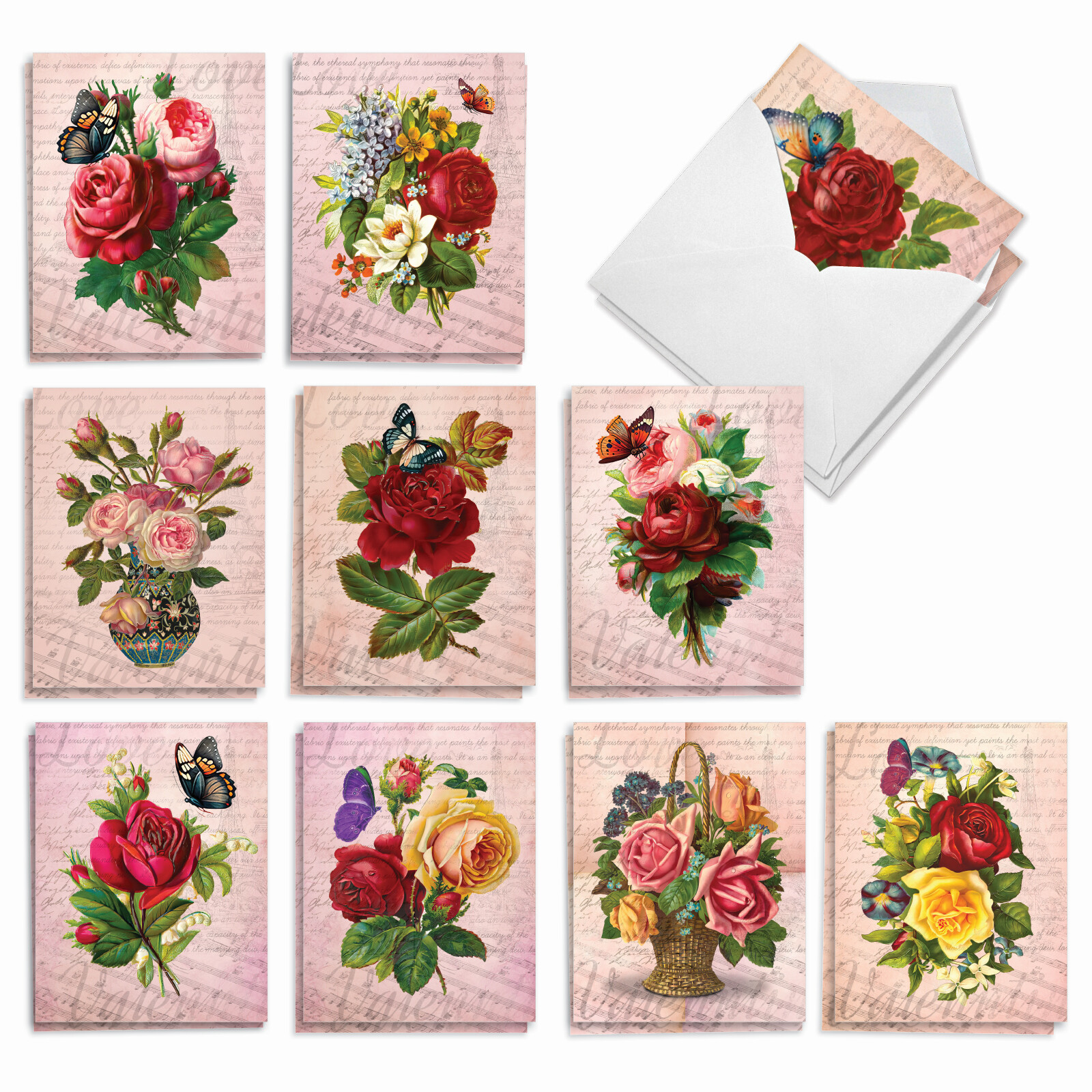 20 Asst’d Valentine’s Day Set 4×5.12″ w/Env. (10 Designs) Vintage Blossoms
