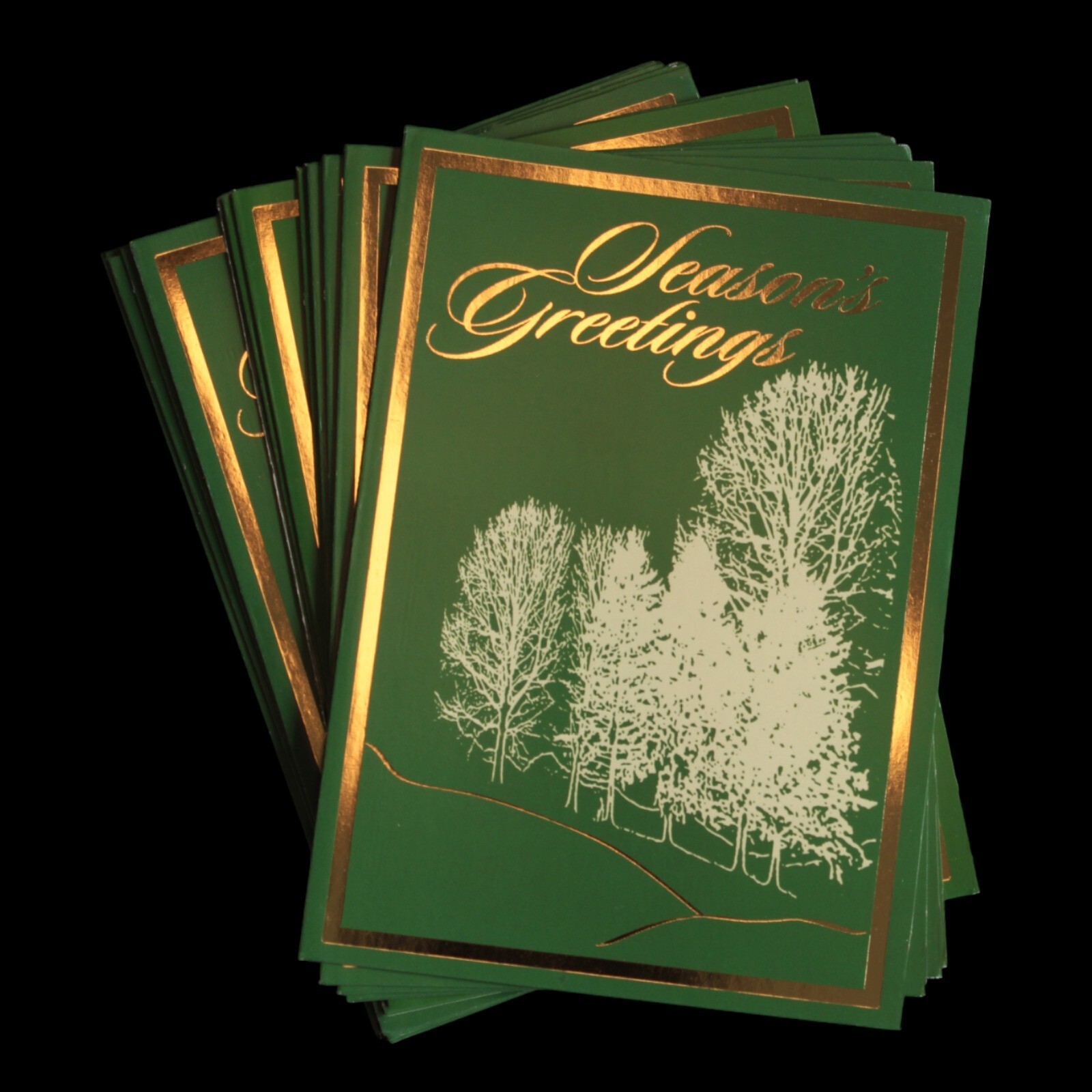 Set of 12 SEASON’S GREETINGS Cards + Envelopes by Paper Images, Green Gold Trees