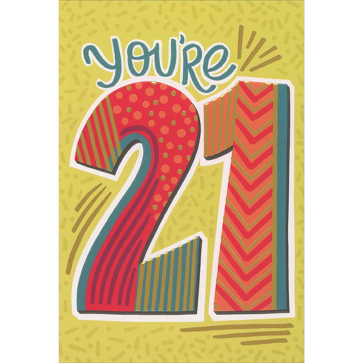You’re 21 Red Blue and Gold Foil Letters on Yellowish Green 21st Birthday Card