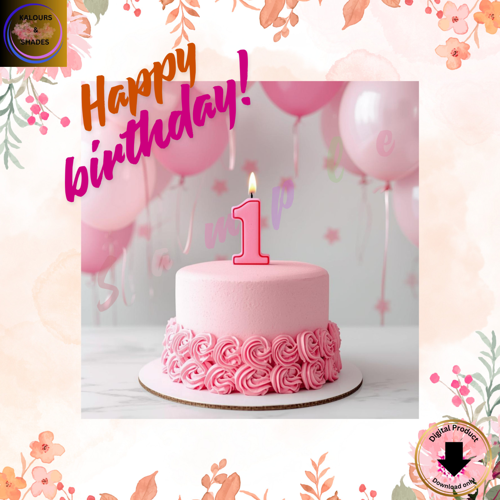Baby Girl New First Birthday Digital Birthday Card Printable shareable