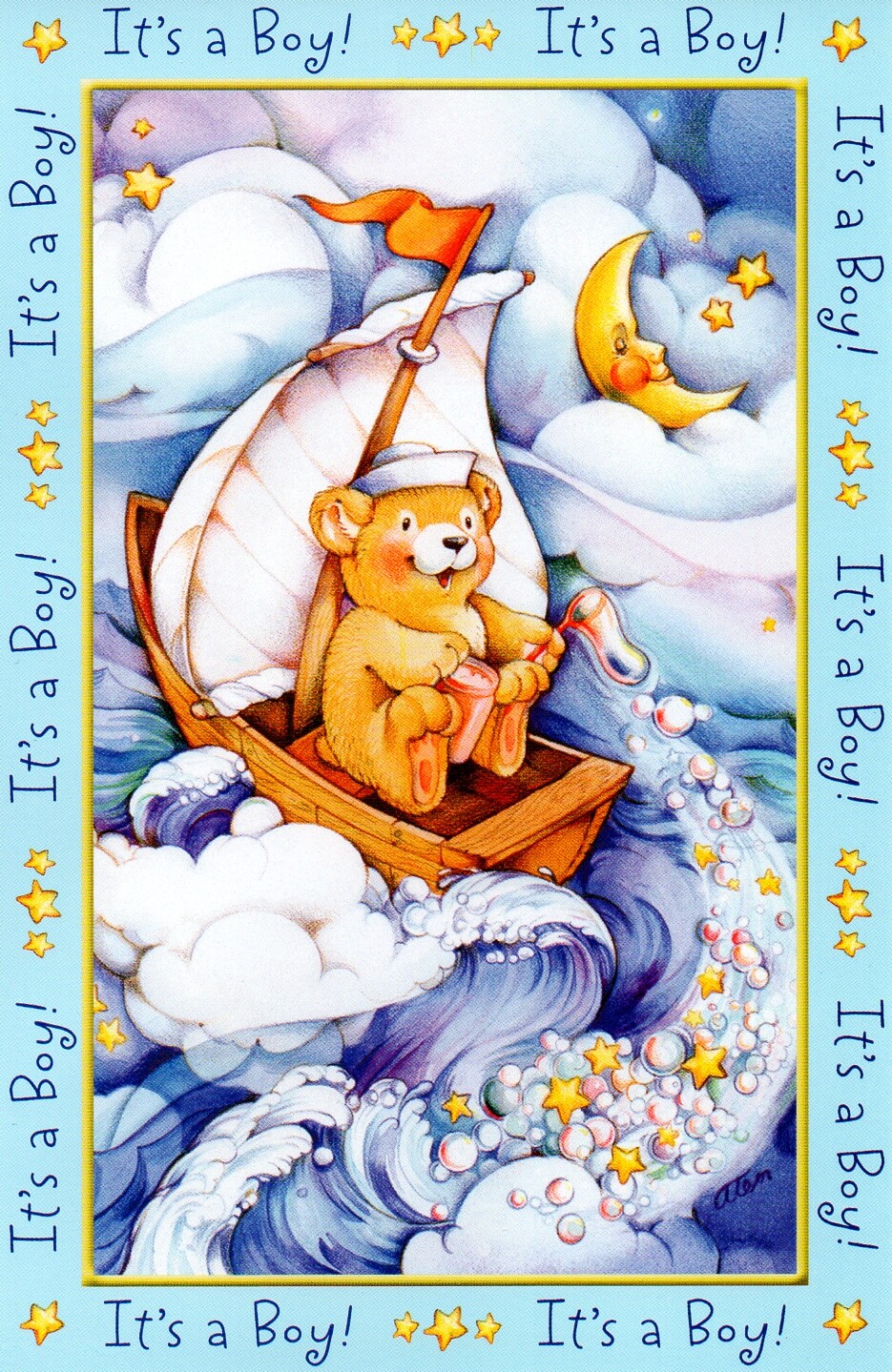 NEW BABY Card, FOR BOY, by American Greetings, Sailor Bear, Bubbles + Envelope