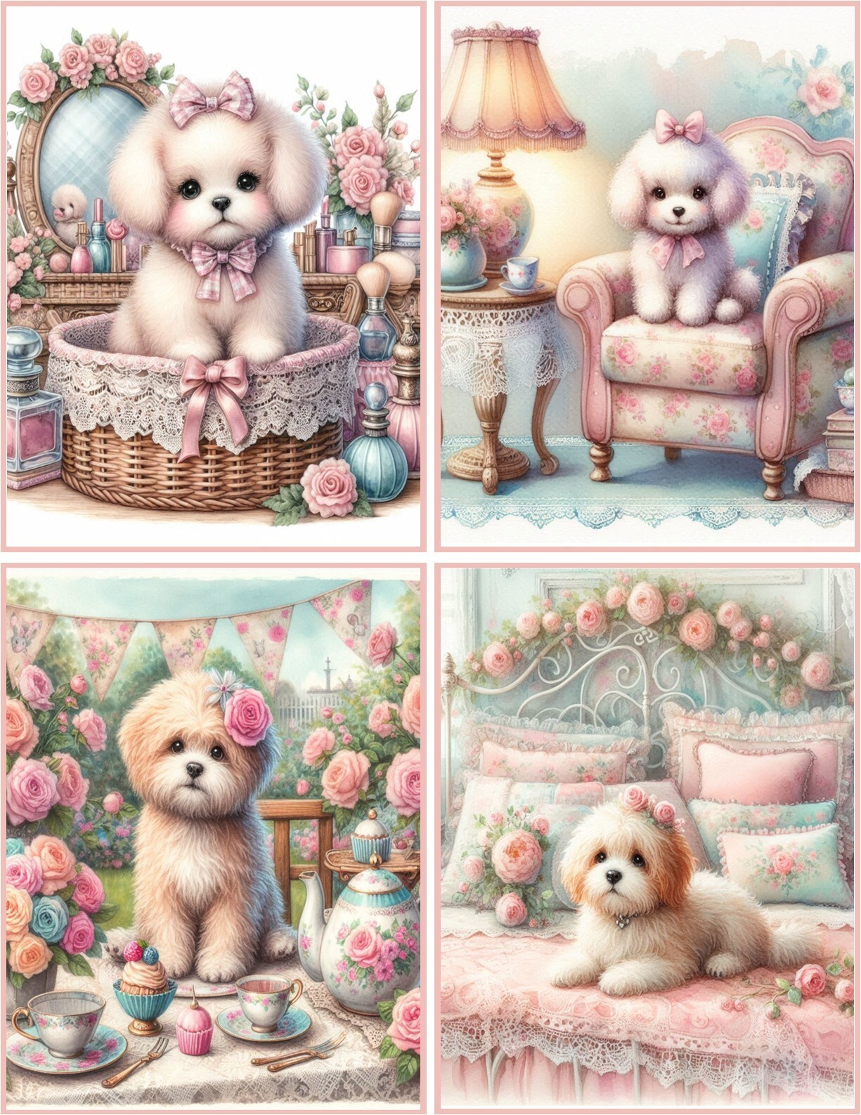 8 Puppy Dog Shabby Chic glossy blank fold out note cards w/envelopes organza bag