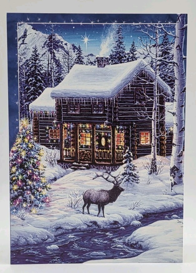 Beautiful Christmas Cabin Snow Night Scene Elk With Creek Set Of 11 Cards GC160