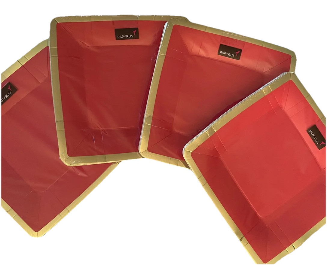 32 Gold / Red Papyrus Party Dinner Dessert Paper Plates Coated 10.5” MSRP $28