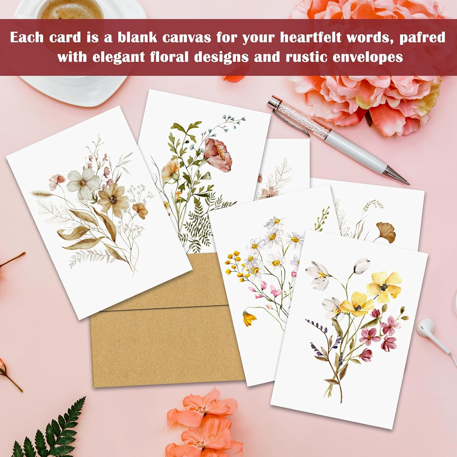 Blank Cards,Blank Greeting Cards 4X6,30 Pack 6 Assorted Floral Designs Blank Gre