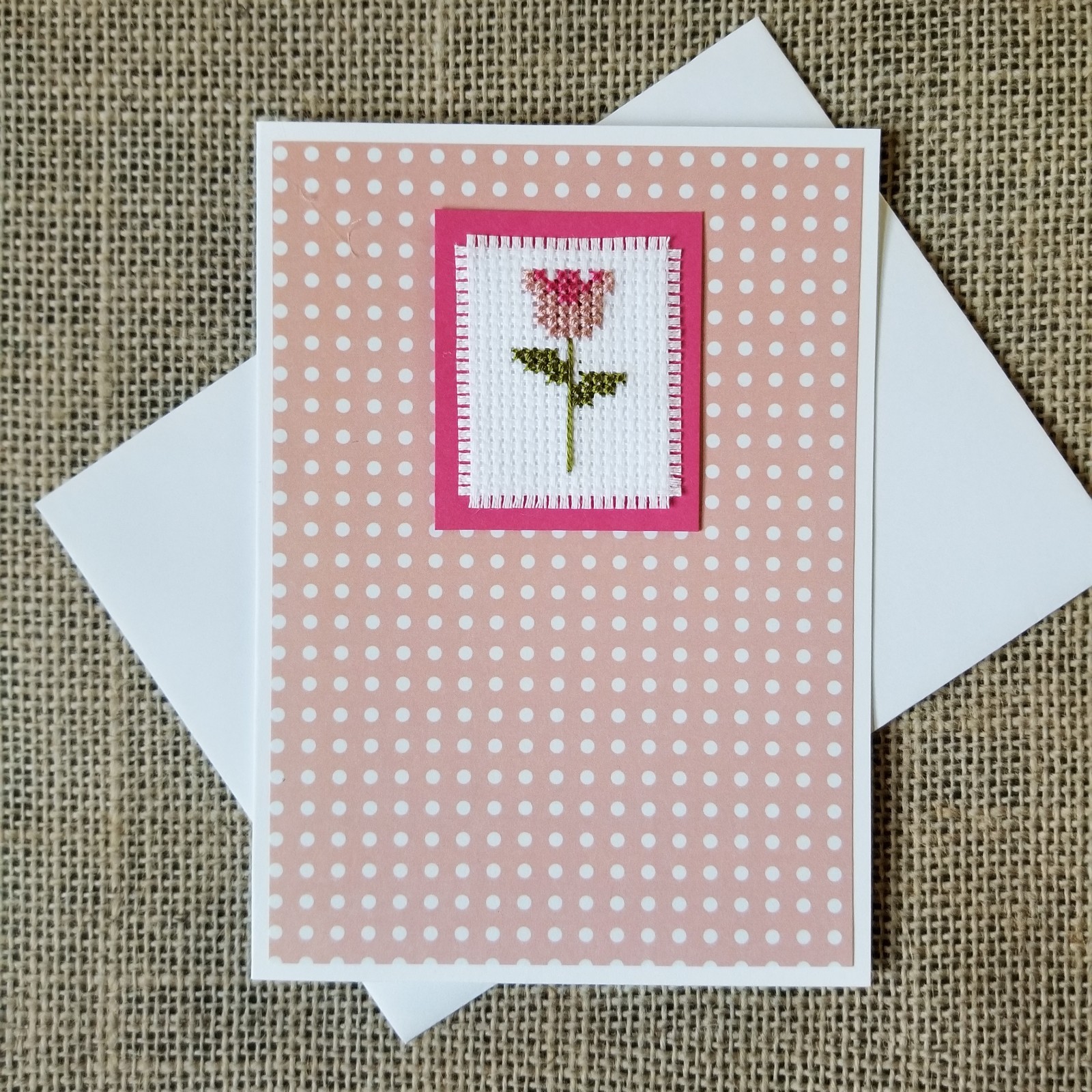 Finished Completed Cross Stitch Pink Floral Blank Note Greeting Card