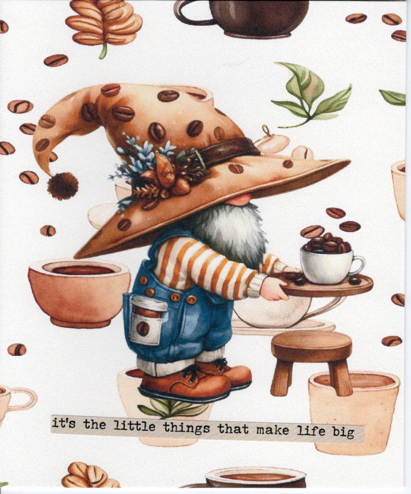 The little things gnome w/coffee unusual handmade card with envelope Made in USA