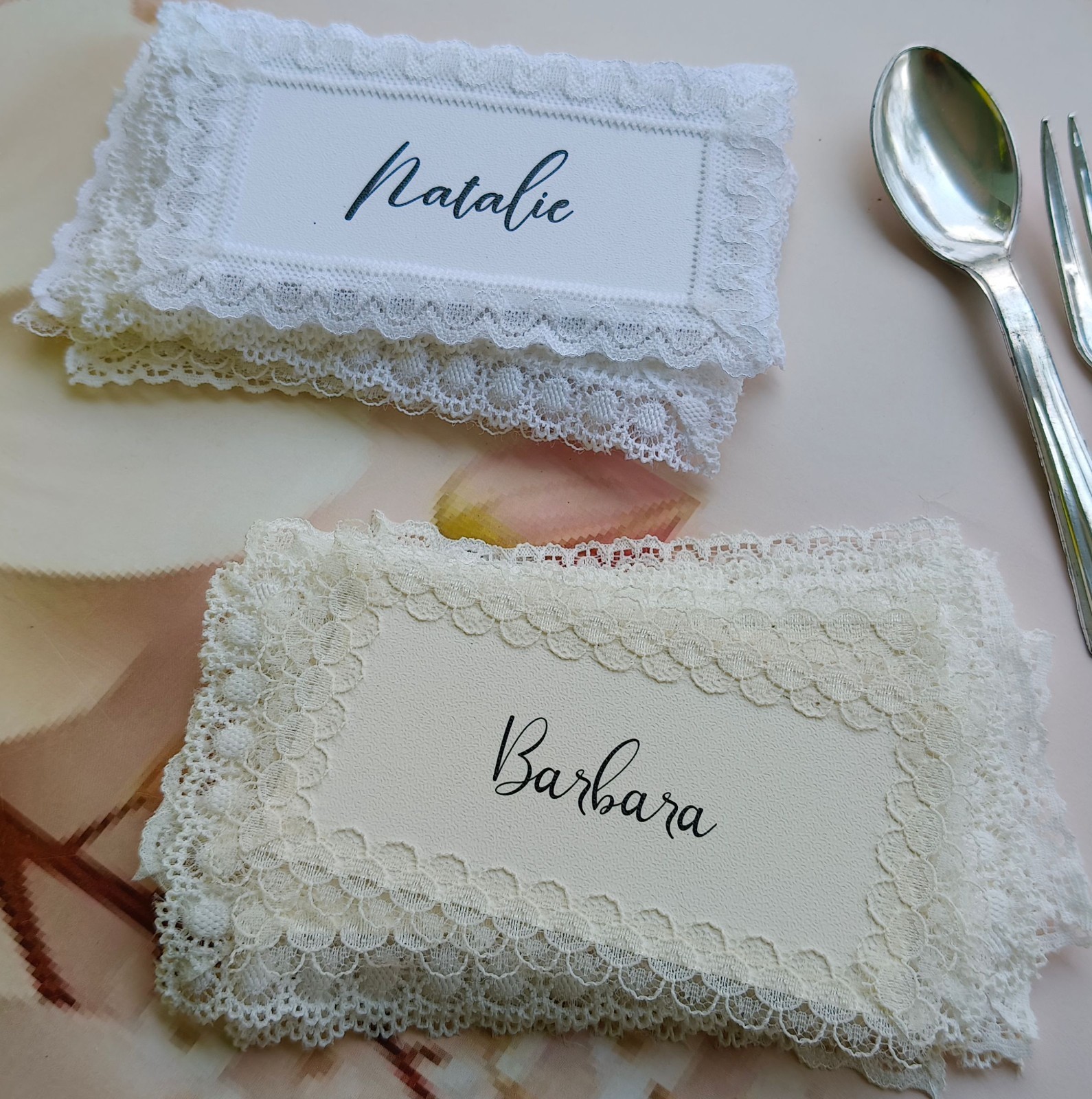 Lace Place Cards with Calligraphy Names | Elegant Wedding Bridal Table Decor