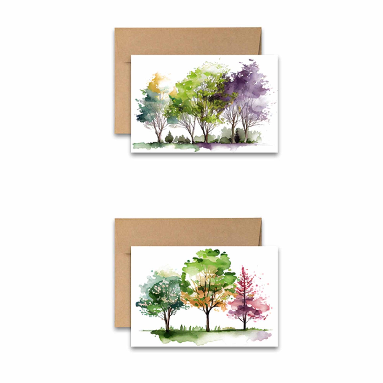 12 Flat Notecards with Envelopes Cute Stationery Watercolor Trees – 2 of each