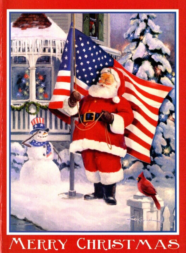 SANTA CLAUS AMERICAN FLAG Christmas Greeting Card w/ Envelope MG55
