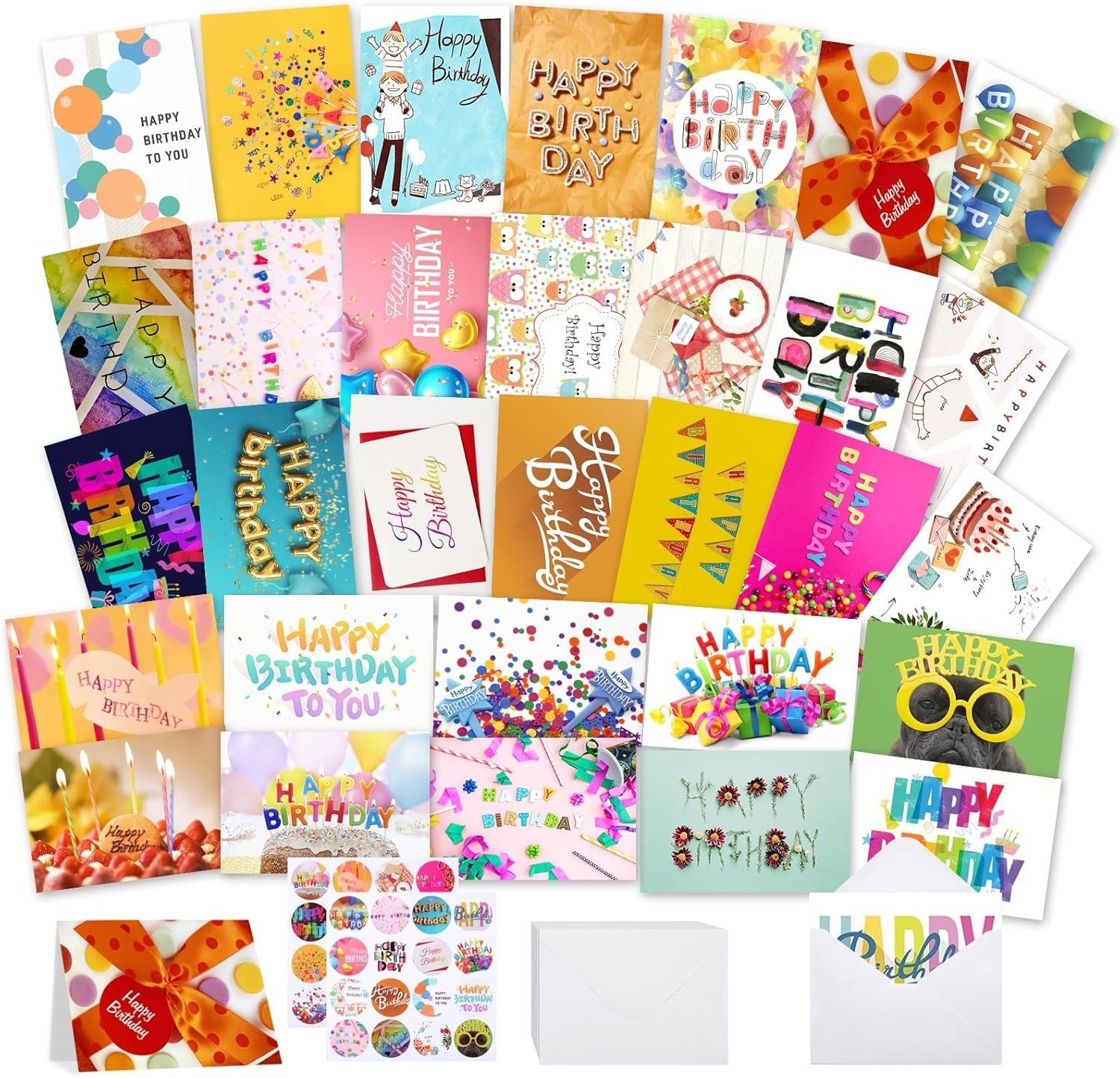 32PCS Happy Birthday Cards w/ Envelopes 4×6 Assorted Bulk Greeting Set