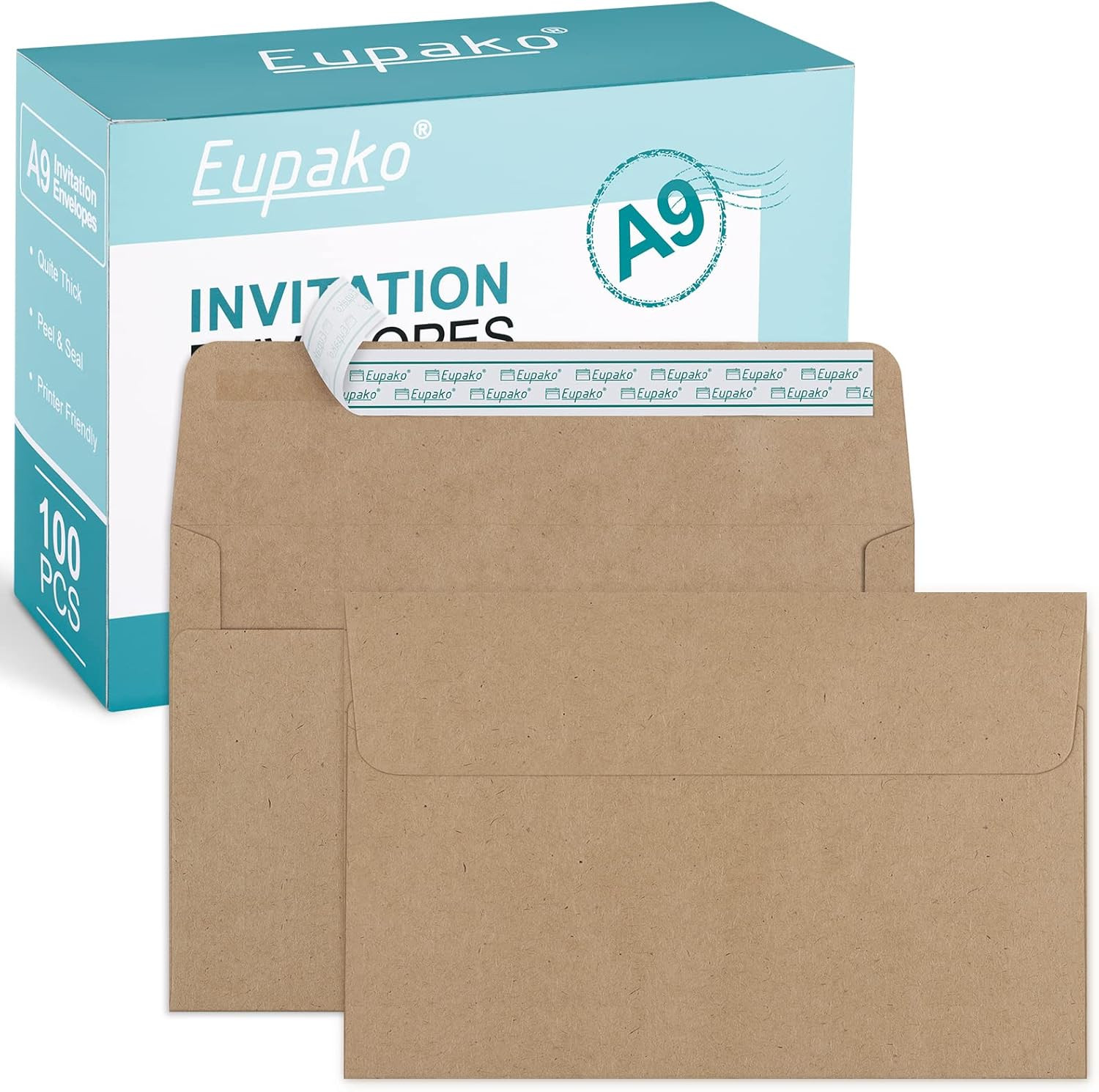 A9 Envelopes Sefl Seal 100 Pack, Brown Invitation Envelopes for Photos,