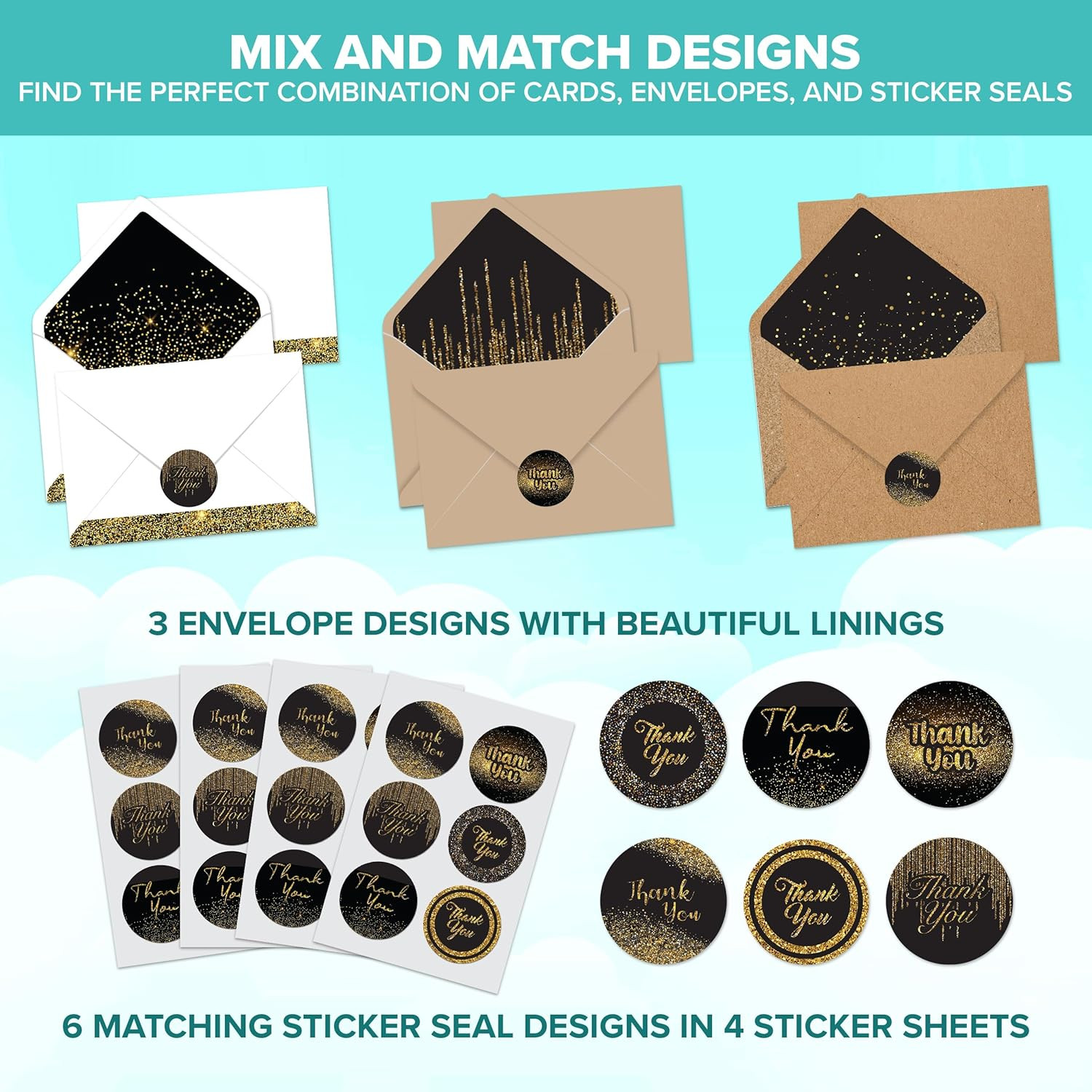 24 Pack Glittery 6X4In Black and Gold Thank You Cards with Envelopes & Stickers,