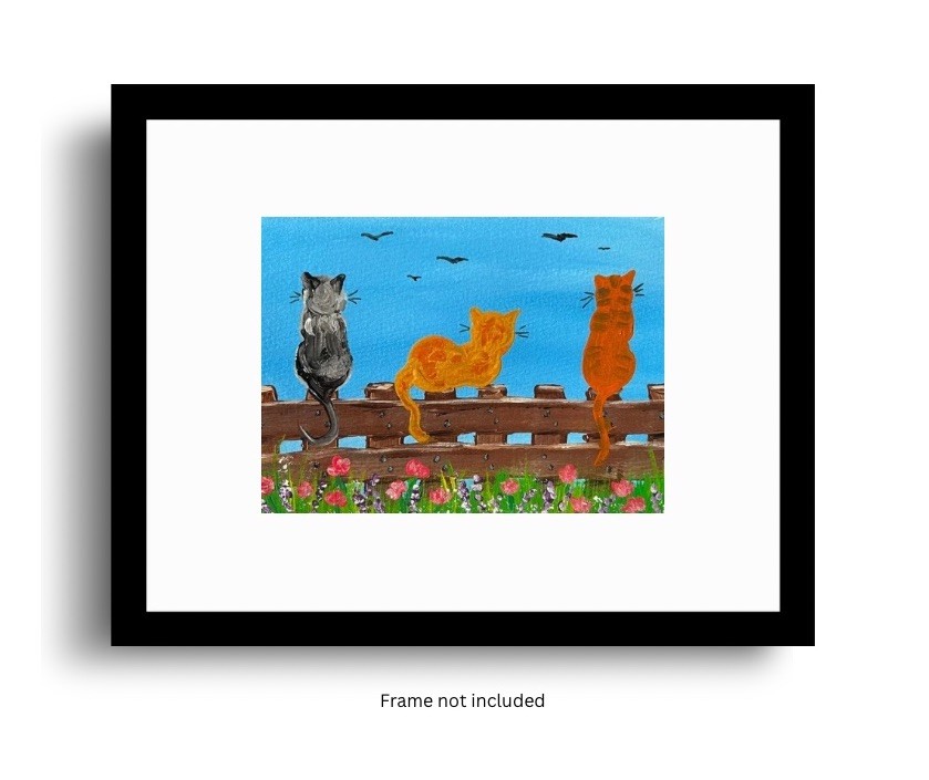 Framable Hand Painted Blank Greeting Card 5×7” w/Envelope Sitting Cats On Fence