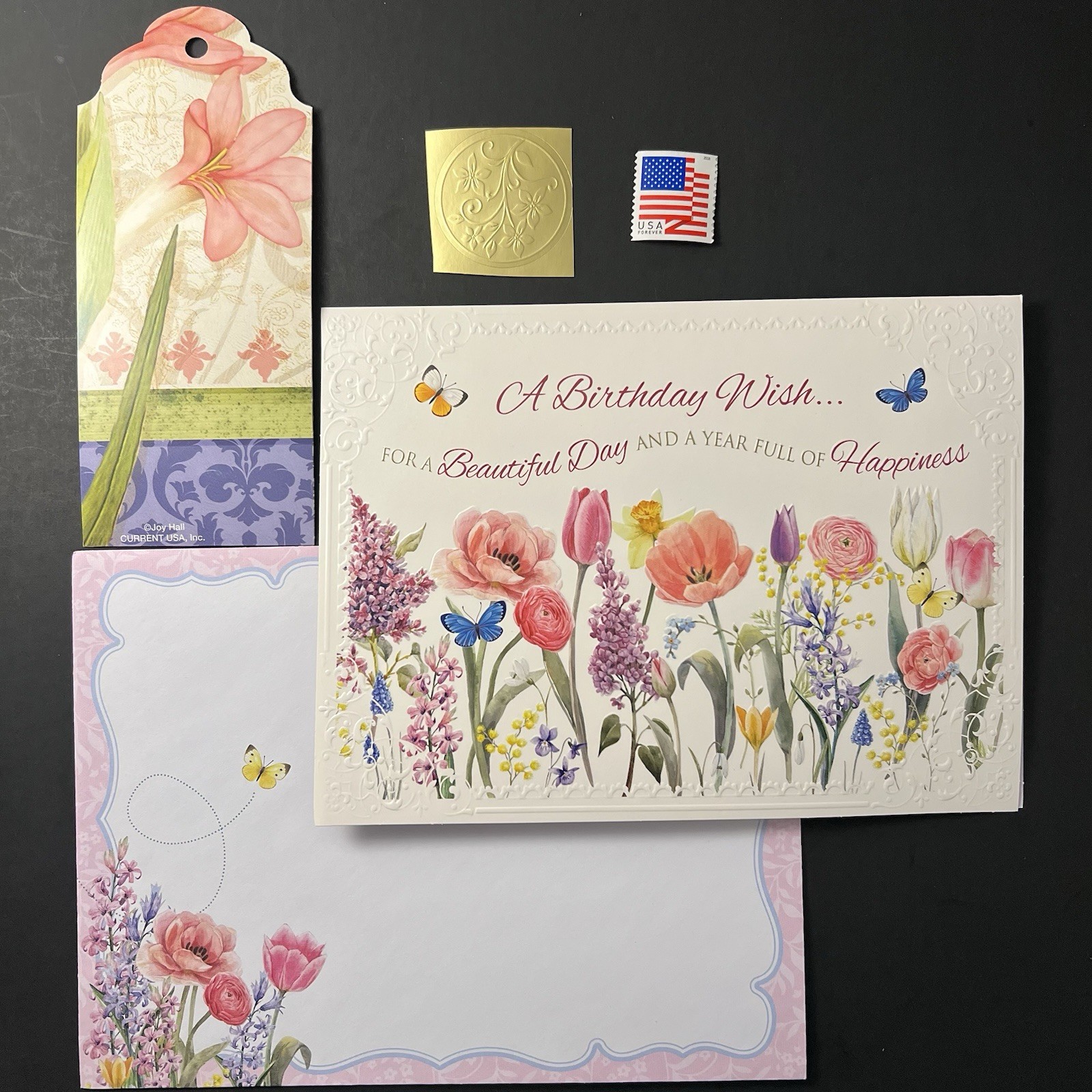 Butterflies & Spring Floral Garden BIRTHDAY Card w/Env/Gift Tag/Seal/Stamp BN