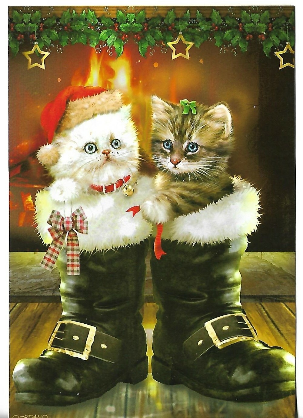 *NEW LEANIN TREE approx 6.75 x 4.75″ Christmas Kittens in Santa’s Boots w/ENV