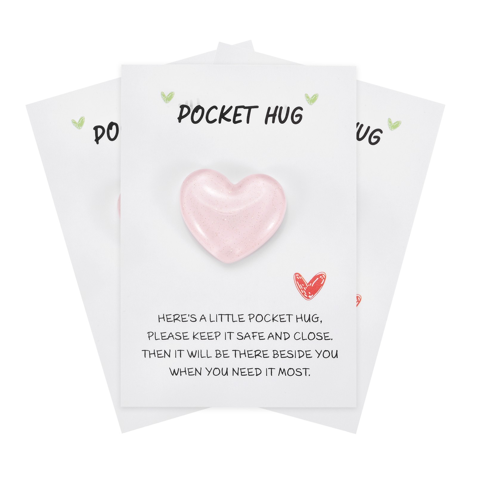 Pocket Hug Heart with Greeting Cards, 3 Pcs, (Pink, 25mm)