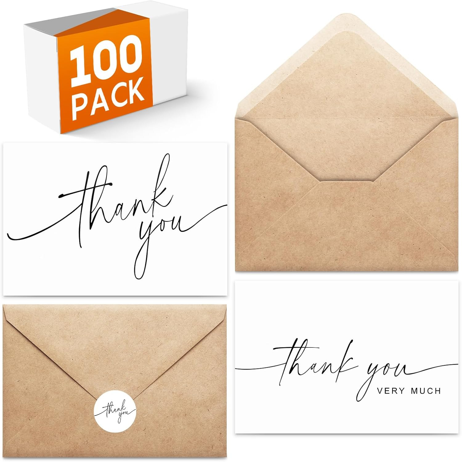 100 PACK Thank You Cards Bulk with Kraft Envelopes and Matching Stickers, 4X6 In