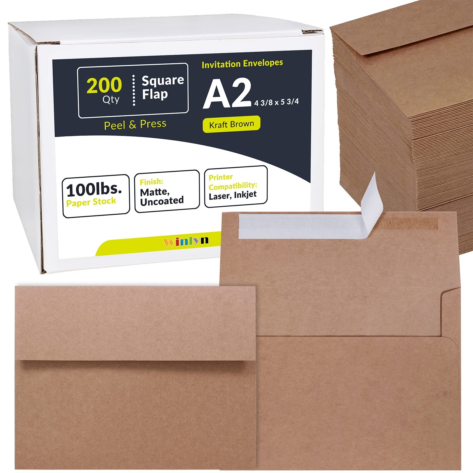 200 Pcs A2 Invitation Envelopes in Kraft Brown Peel & Press Self Seal