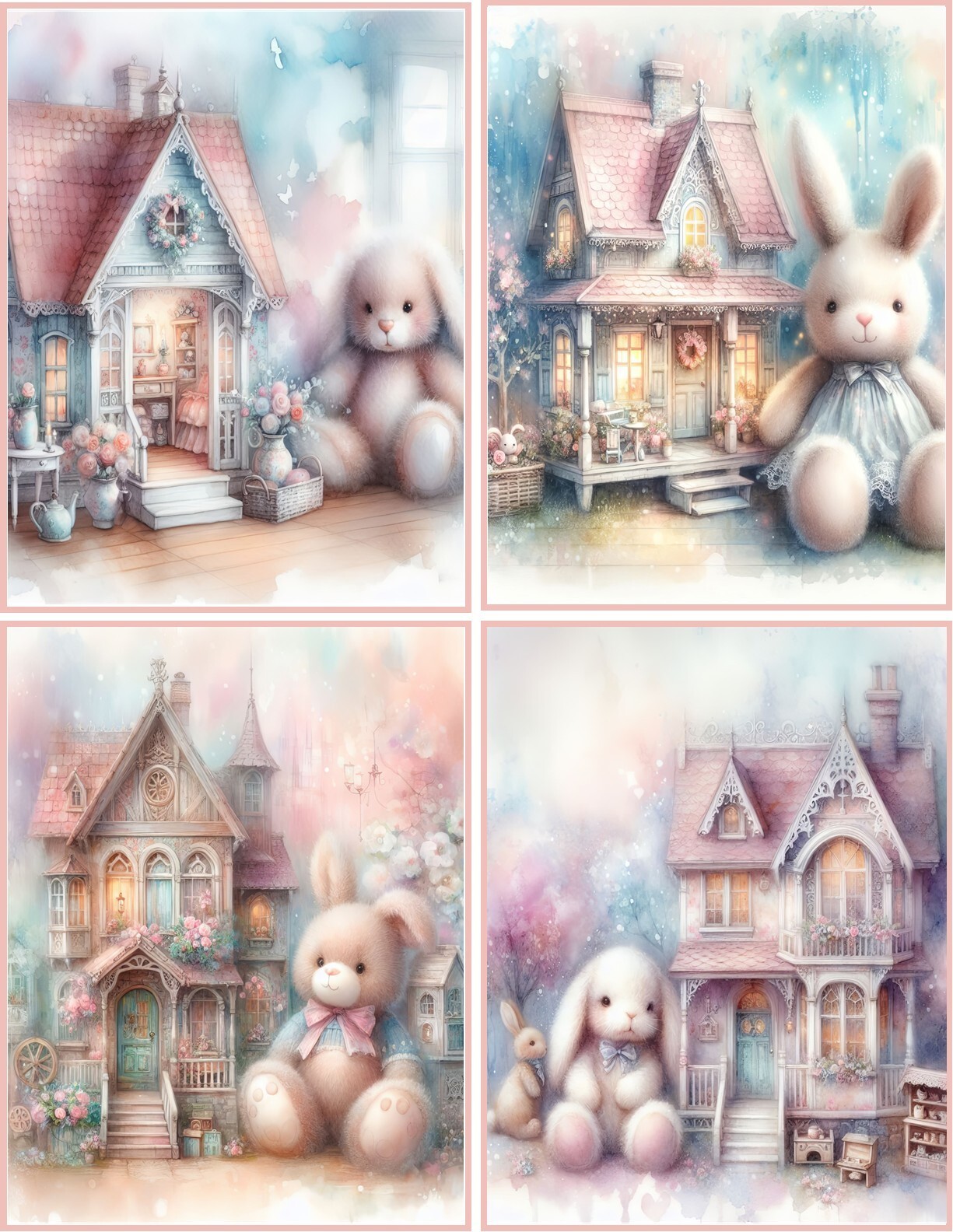 8 Bunny Rabbit Shabby Chic fantasy glossy blank fold out note card w/envelopes