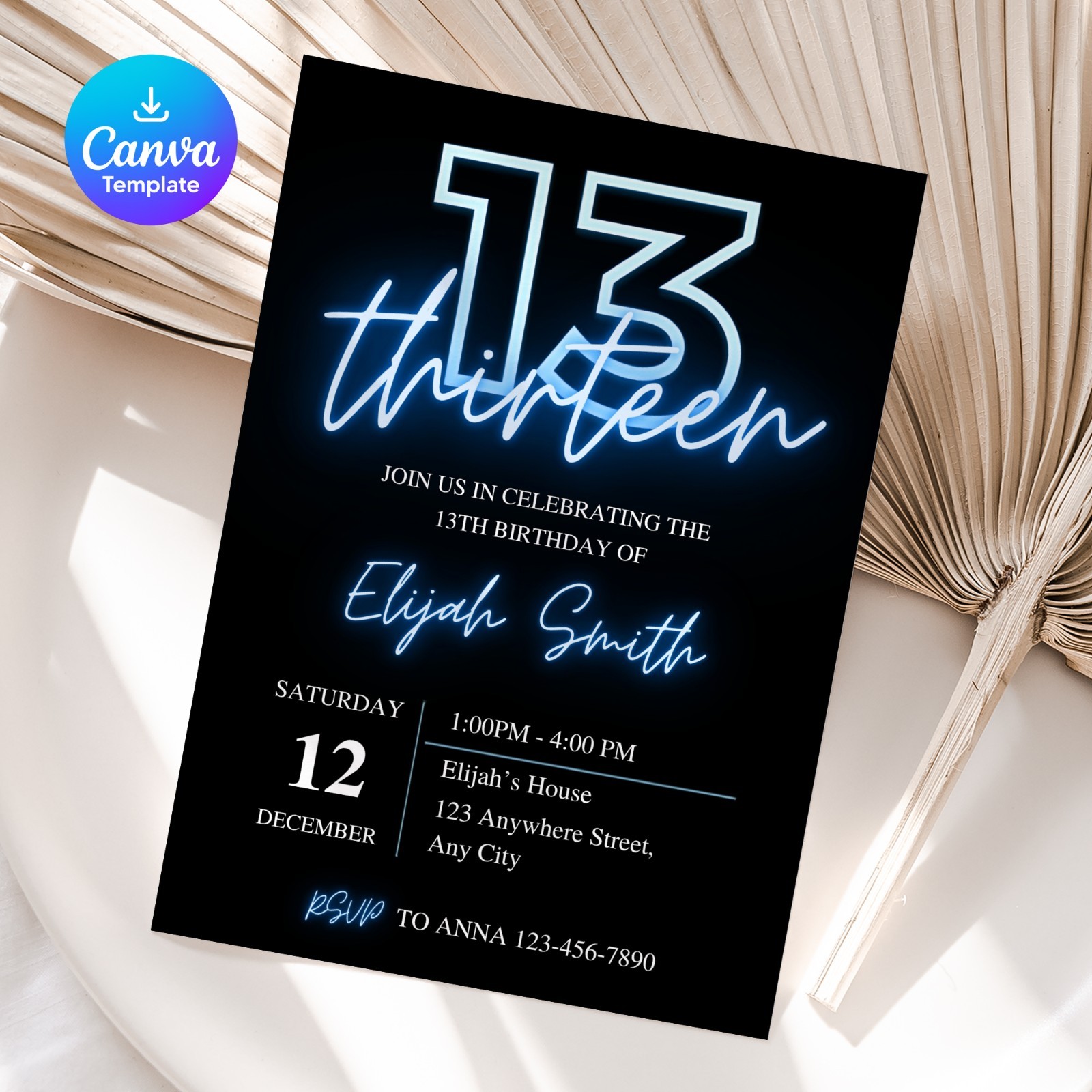 Neon Blue 13th Birthday Invitation Canva Template 5×7 Digital Download