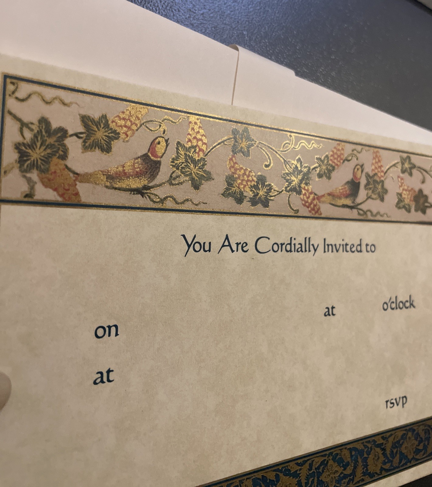 NOS Vtg 10 Caspari invitation cards set Birds Grapes Gold Gilded Classic Quality