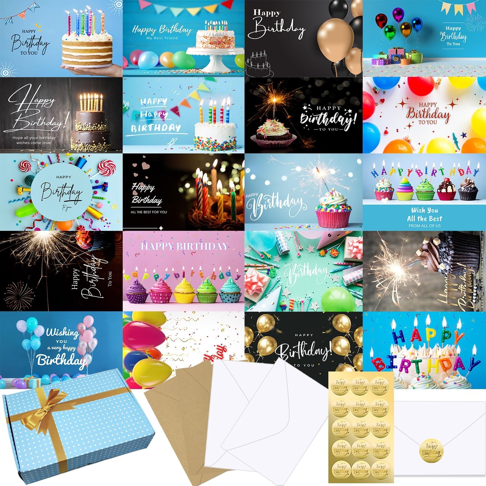 Bulk Birthday Cards Set – 160 Cards with Envelopes, 20 Unique Designs, 4×6 inche