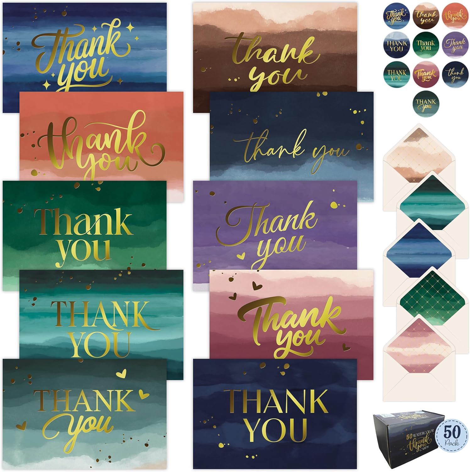 50 Pack Gold-Foiled 6x4in Watercolor Blank Thank You Cards with Envelopes Bulk a