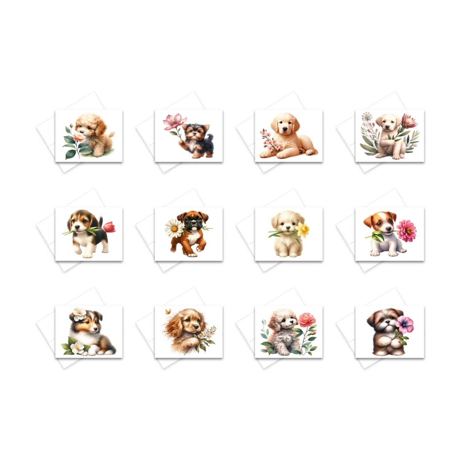12 Assorted All Occasion Note Cards Blank Greeting Cards – PUPPIES