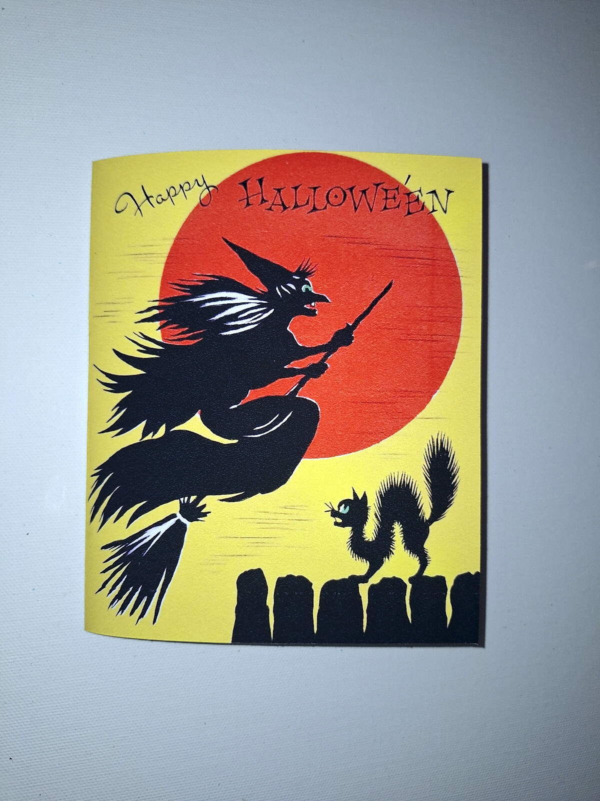 Colorful Vintage Halloween Repro Greeting Card: Witch Black Cat, Orange Moon NEW