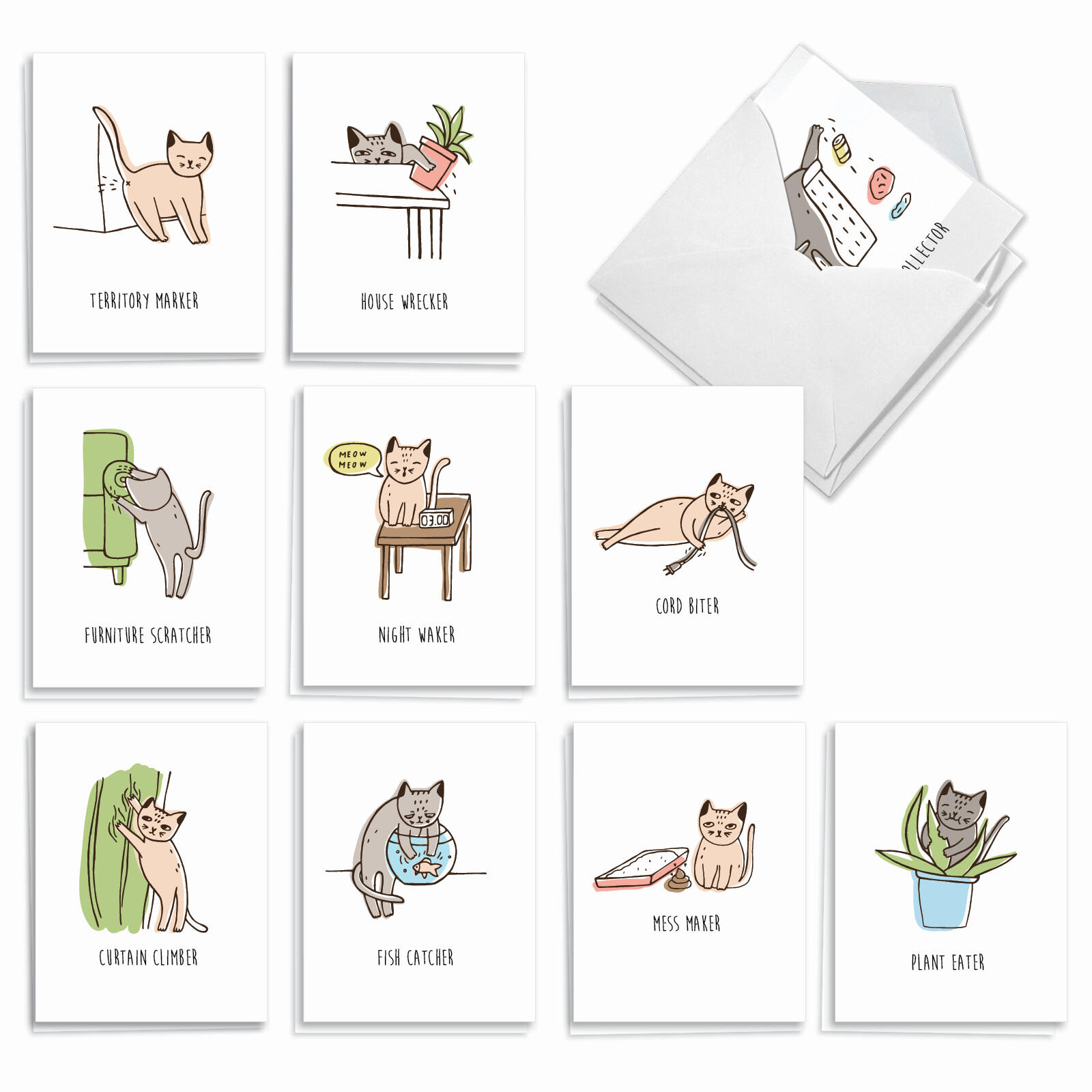 20 Blank All Occasion Cards (10 Designs, 2 Each) – Mischief Cats AM9169OCB-B2x10