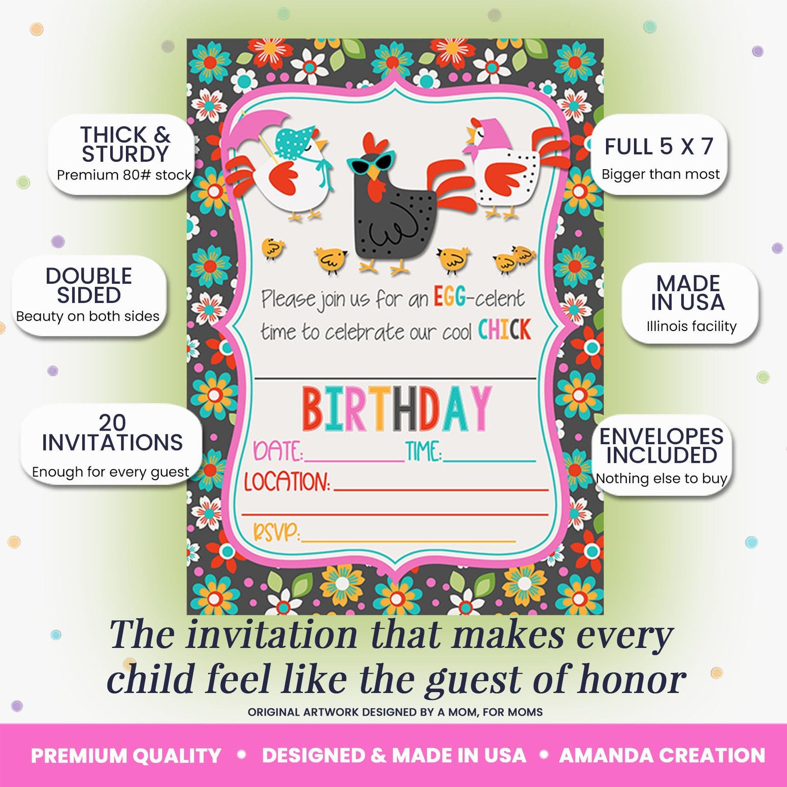 20 PCS Cool Chick Chicken Themed Birthday Party Invitations Cards 5×7 Inch