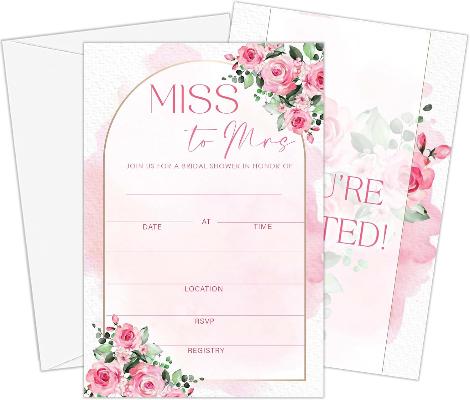 Pink Roses Bridal Shower Invitations, Pink Floral Arched Spring Bridal Shower In