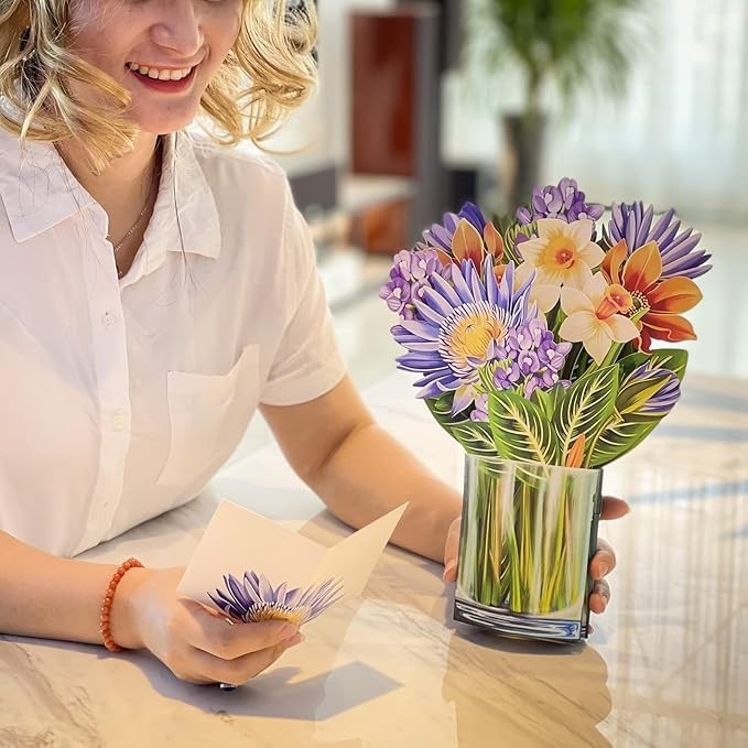 3D Pop-Up Greeting Card, Real Size Bouquet of 12 Talents Artificial Flowers