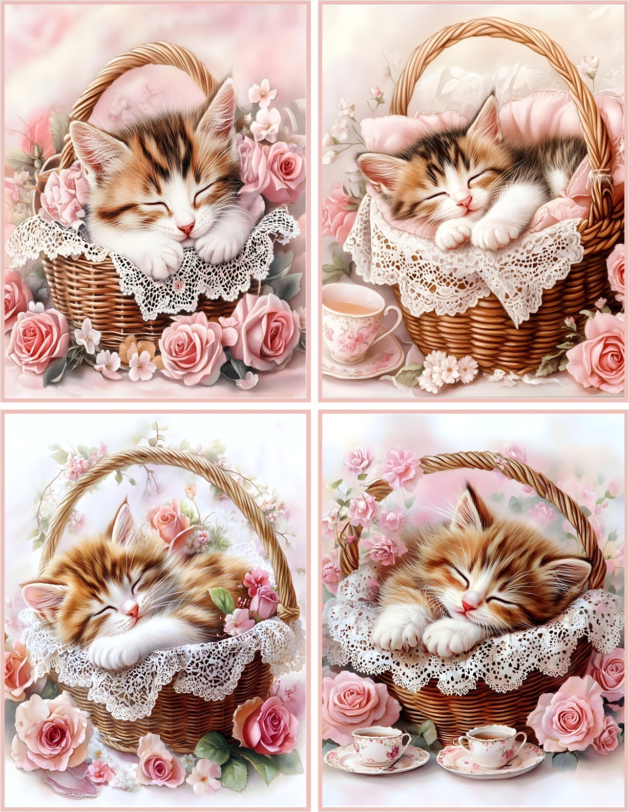 8 Sleeping cat kitten basket shabby chic glossy blank fold out note card set 1