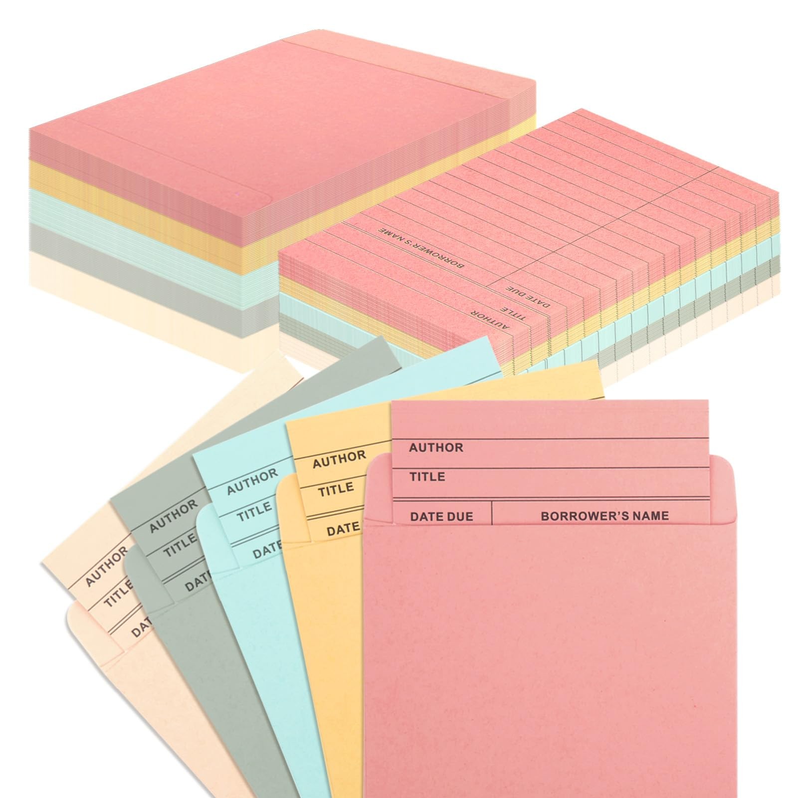 100 Pieces 5 Colors Library Pockets and Cards Multicolor