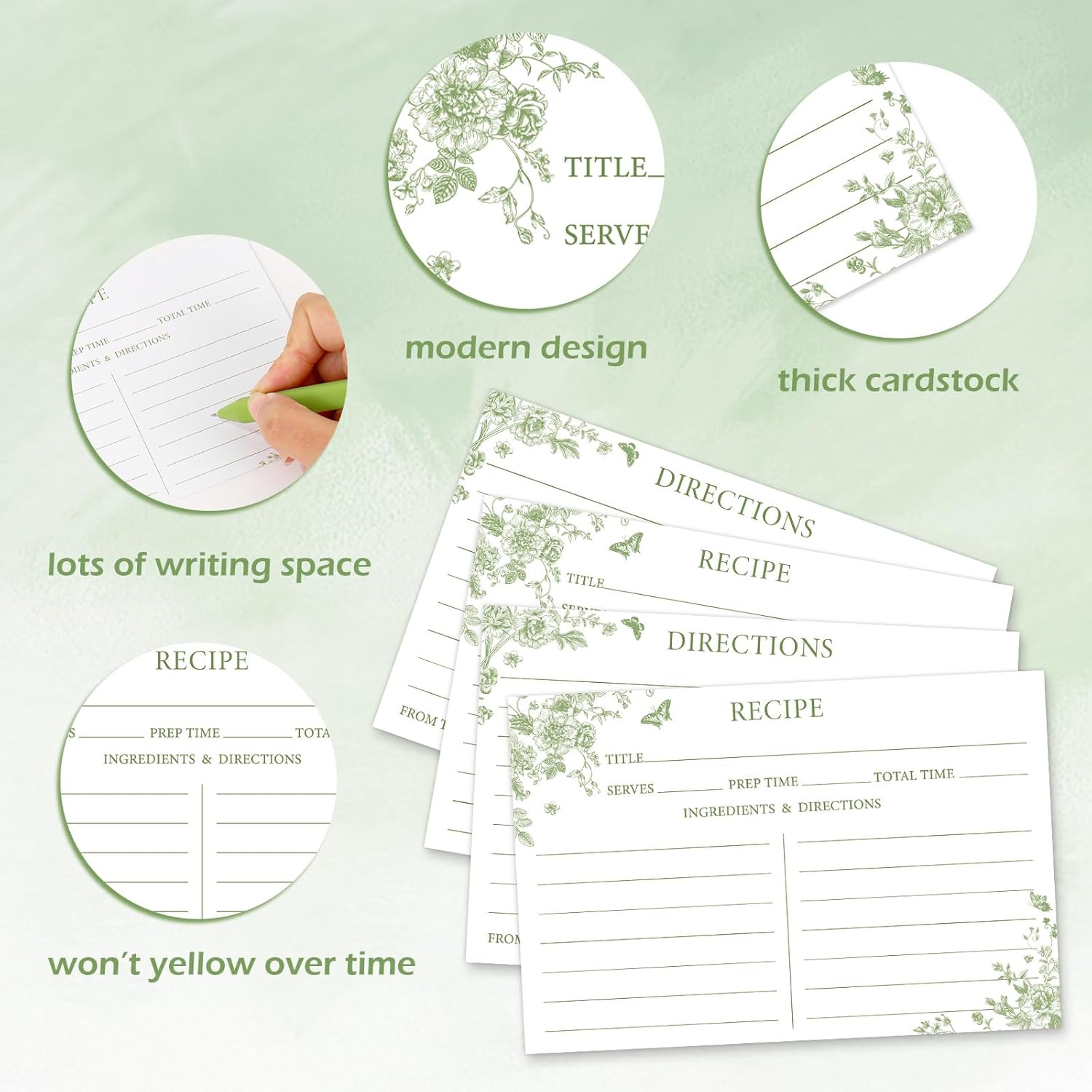 50Pcs Sage Green Floral Recipe Cards Double-Sided Green Flower Butterfly Blank R
