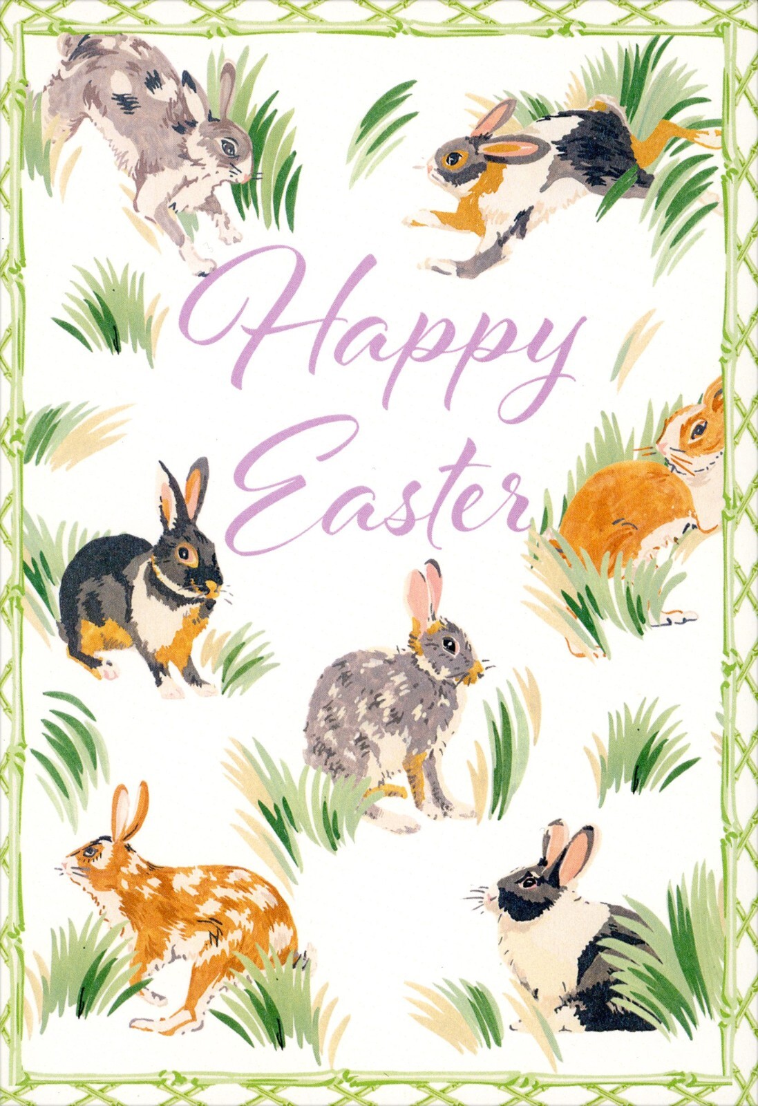 Cute HAPPY EASTER Card, Multiple Bunny Rabbits in Grass Animal Art by Caspari +✉