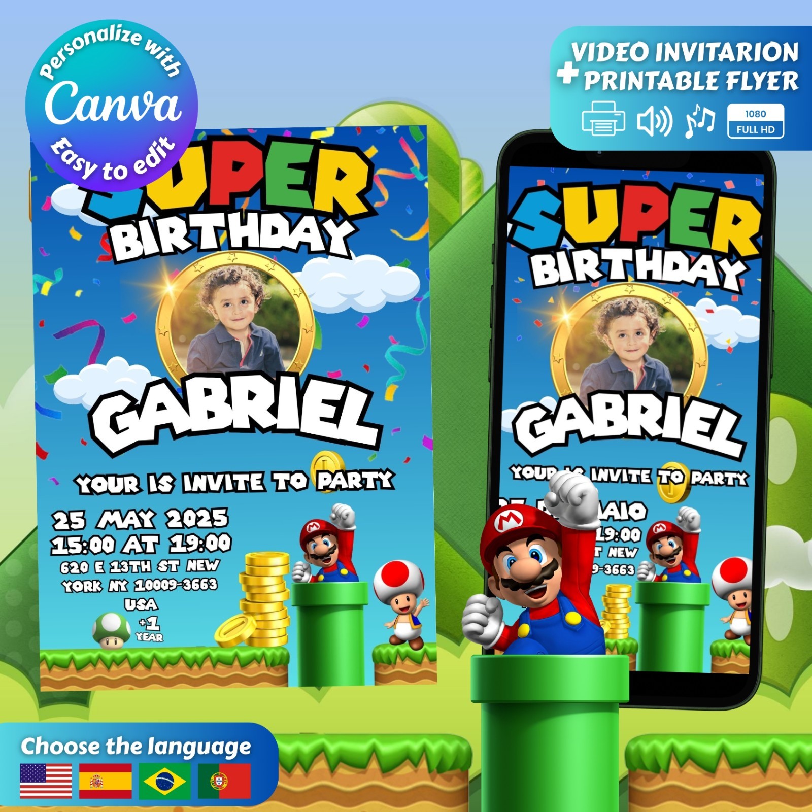 Super Mario Personalized Animated Birthday Invitation DIGITAL