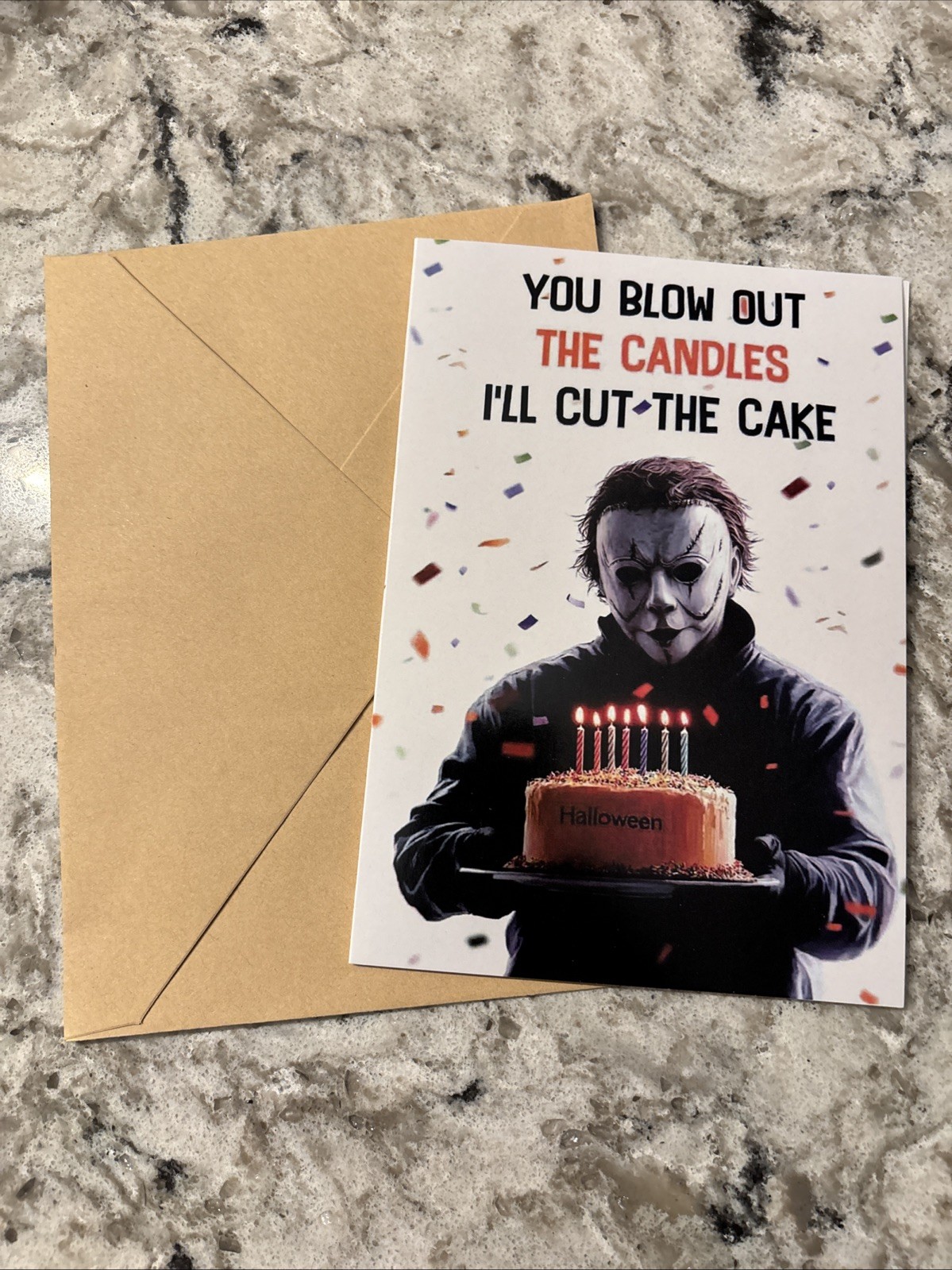 Birthday Funny Horror Jason Cut The Cake 4.6”x6.6” Blank Inside Greeting Card