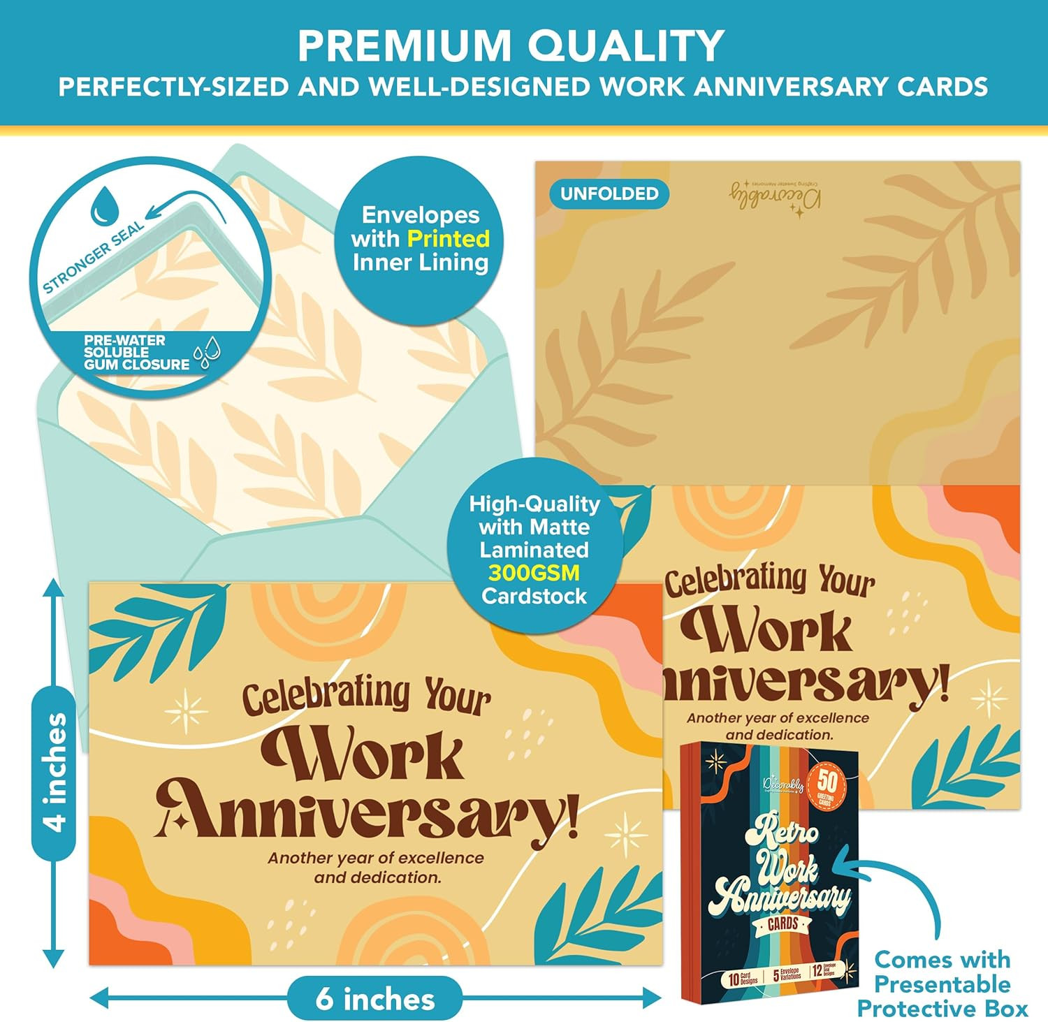 50 Pack 6X4In Happy Work Anniversary Cards Employees Bulk Envelopes Stickers 10
