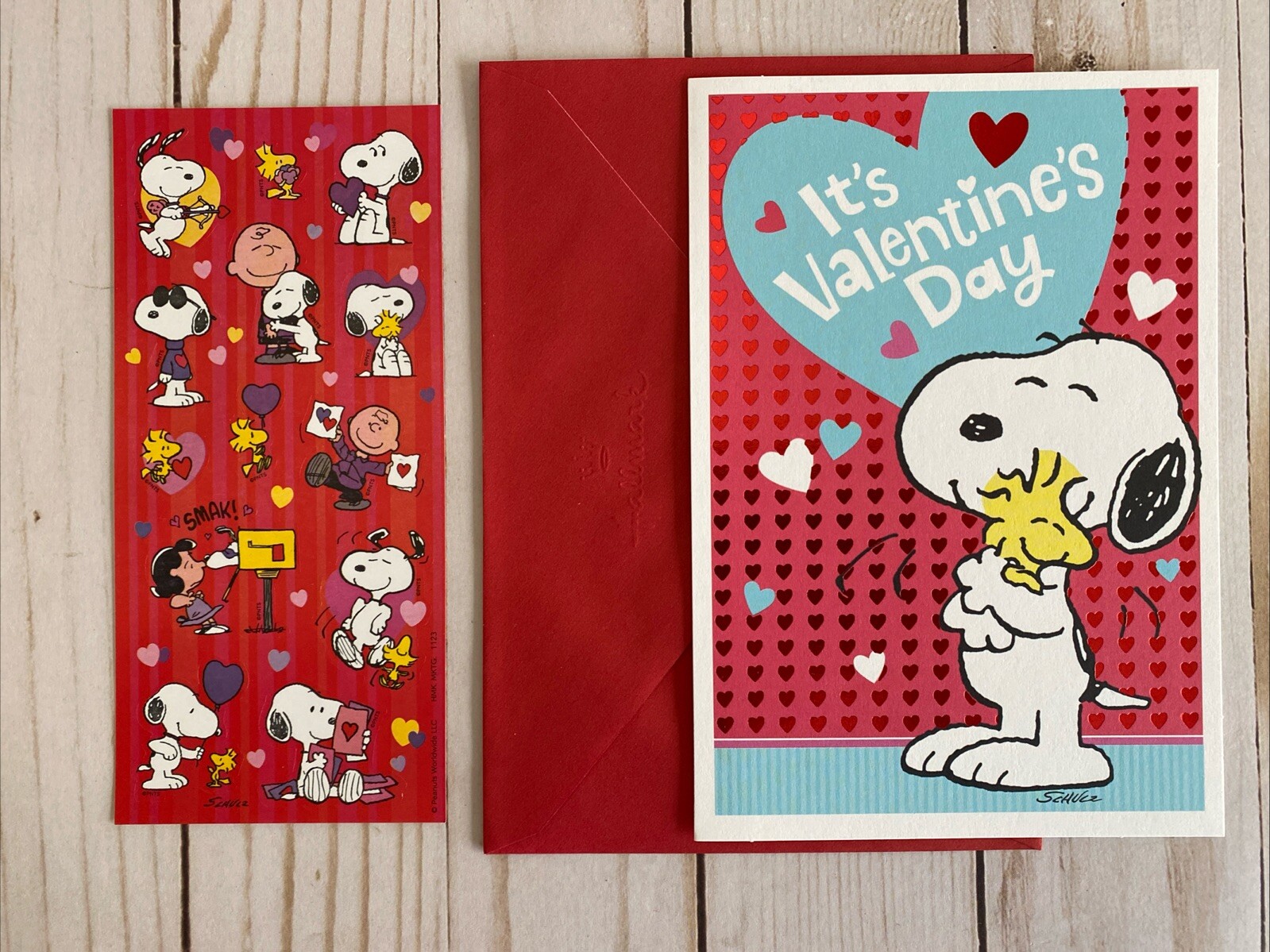 Snoopy + Woodstock Valentine’s Day Card + Stickers Hallmark Peanuts Warm Hugs