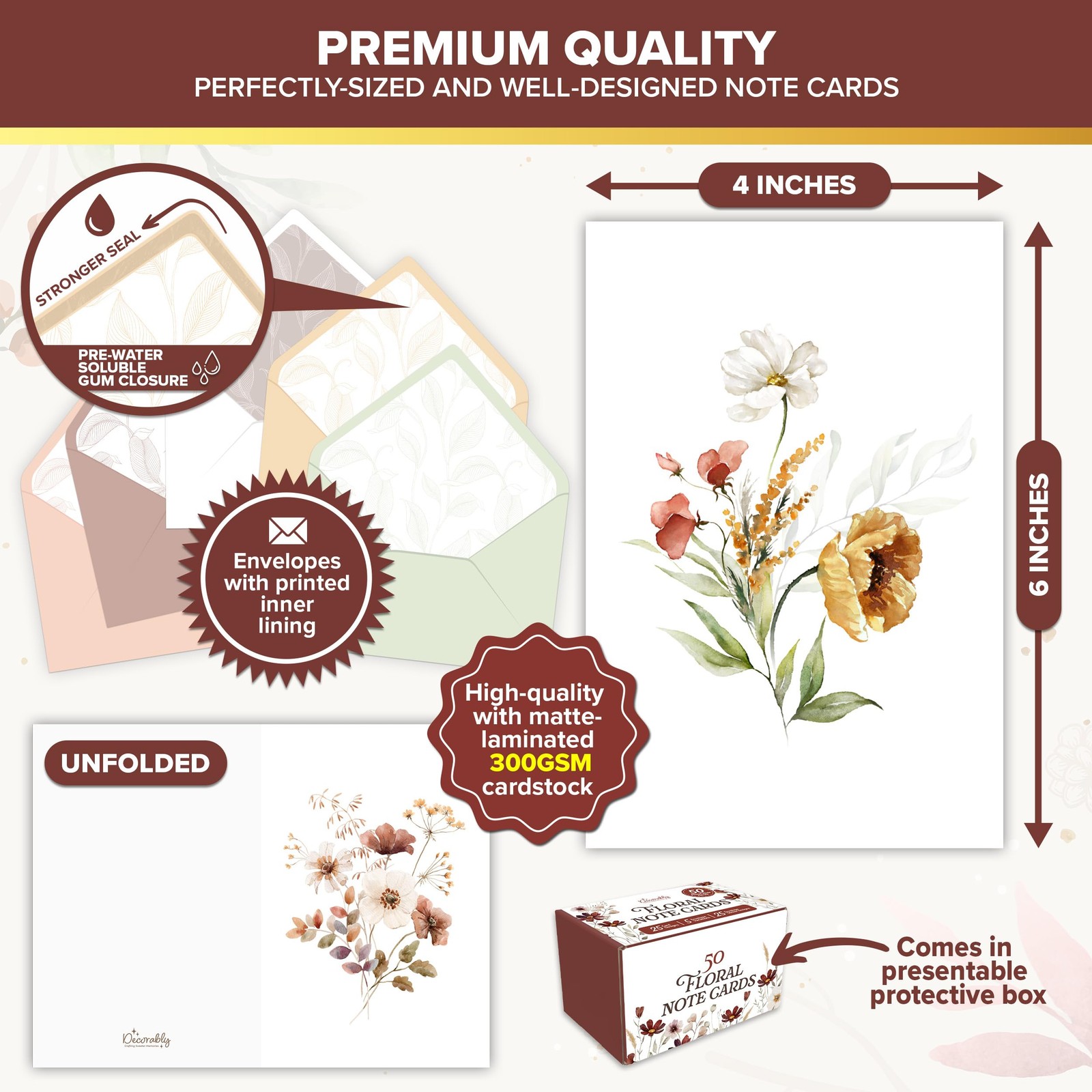 50 Pack 4x6in Floral Blank Flower Note Cards with Envelopes and Stickers, 25 …
