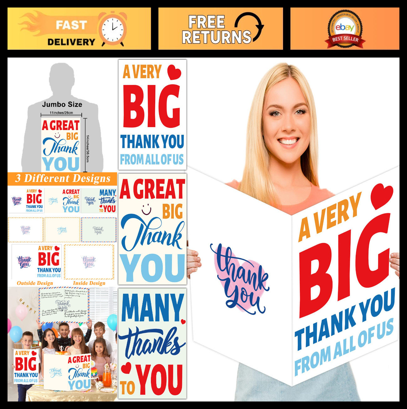 Giant Thank You Cards – 3 PCS, 14×22 Inch, Large Gratitude Cards with Envelopes