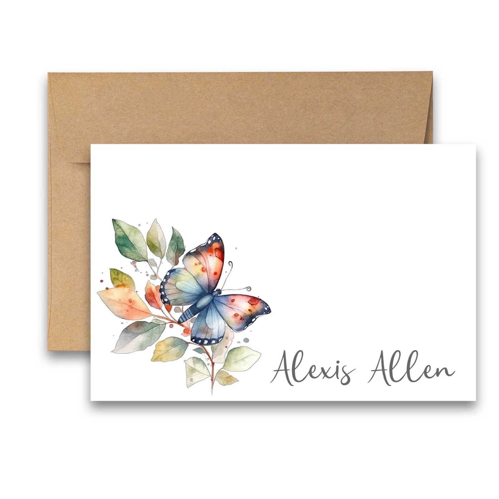 PERSONALIZED – 12 Flat Note card, Floral Stationery with Envelopes – Butterfly