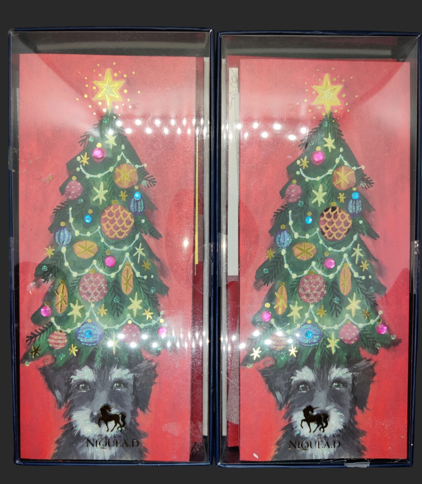 Niquea D 16 Boxed Christmas Cards Handmade Embellished Schnauzer Lined Envelopes